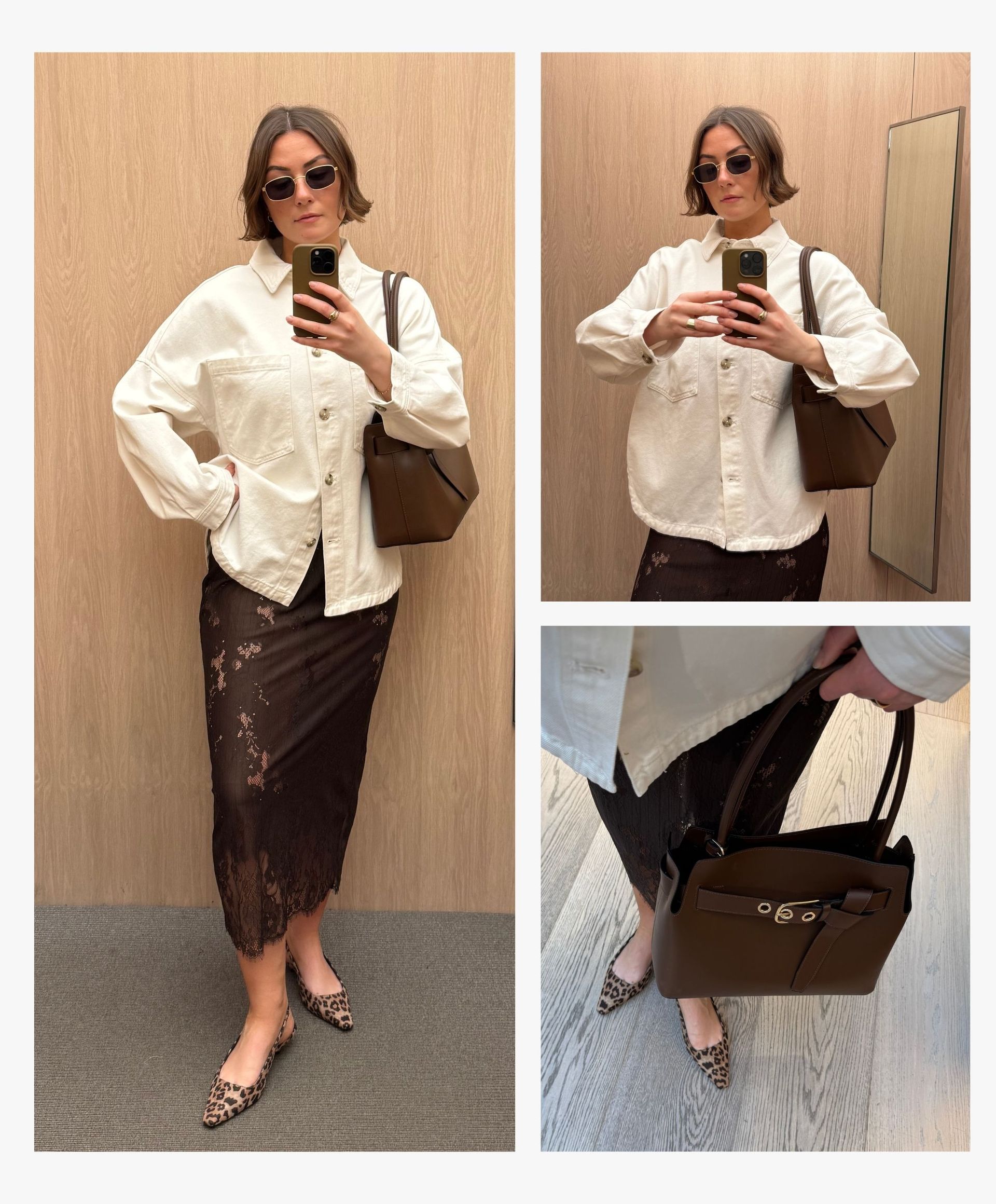White Denim Shacket paired with Lace Midi Skirt