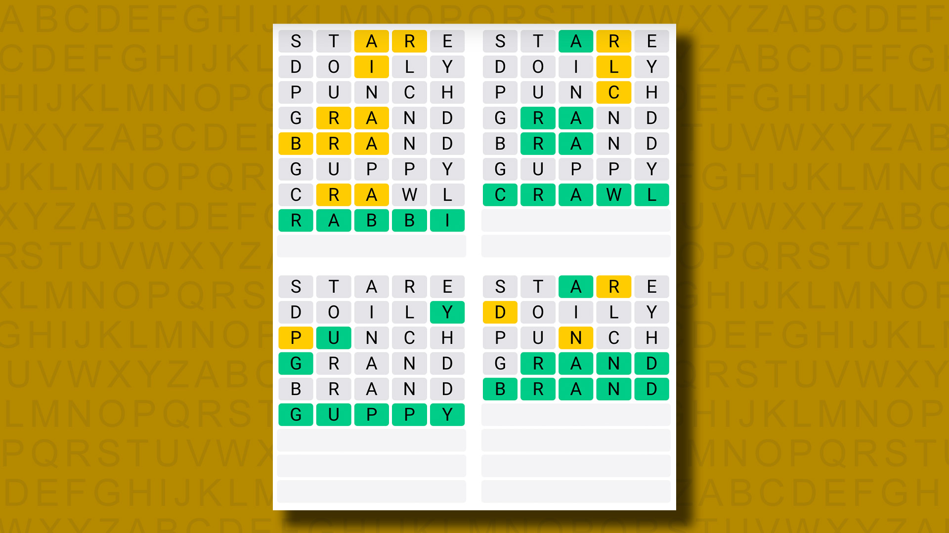 Quordle answers for game 951 on a yellow background