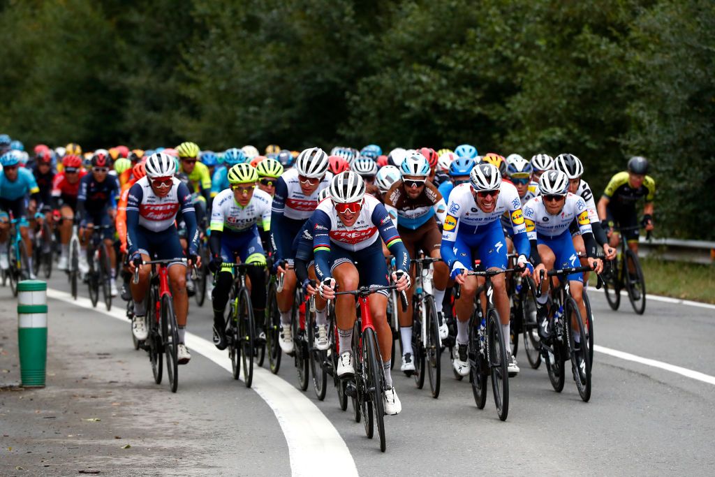 LIEGE BELGIUM OCTOBER 04 Mads Pedersen of Denmark and Team TrekSegafredo Mickael Cherel of France and Team AG2R La Mondiale Tim Declercq of Belgium and Team Deceuninck QuickStep Mauri Vansevenant of Belgium and Team Deceuninck QuickStep Peloton during the 106th Liege Bastogne Liege 2020 Men Elite a 257km race from Liege to Liege LBL classiquesardennes on October 04 2020 in Liege Belgium Photo by Bas CzerwinskiGetty Images
