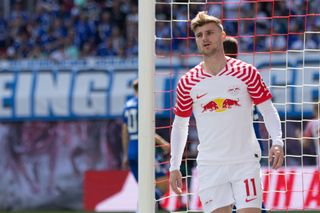 Timo Werner of RB Leipzig reacts during the Bundesliga match between RB Leipzig and FC Schalke 04 at Red Bull Arena on May 27, 2023 in Leipzig, Germany.