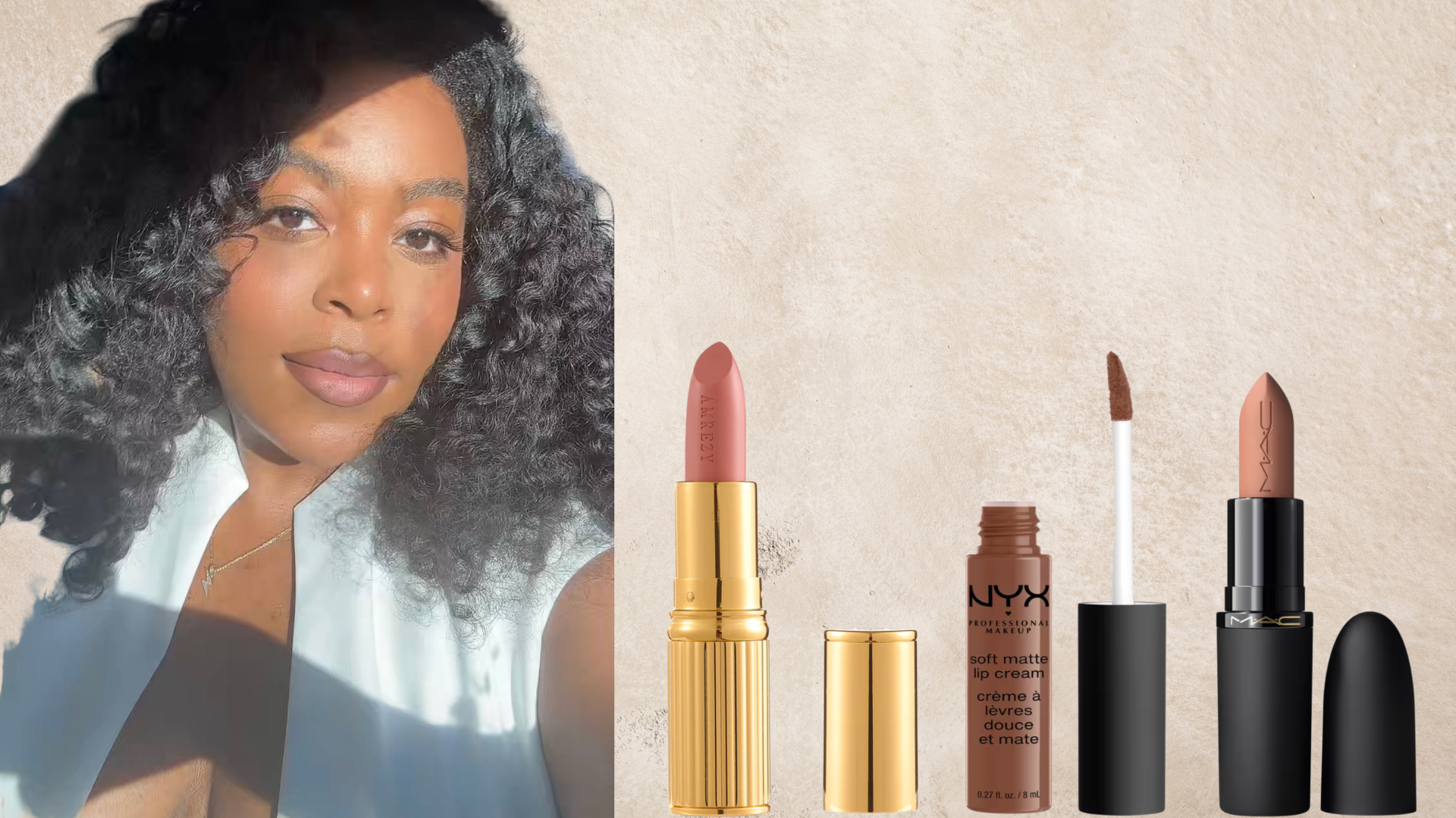 A woman with curly hair next to three tubes of lipstick in front of a light beige background. 