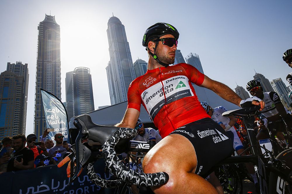 Mark Cavendish (Dimension Data) wears the red jersey at the Dubai Tour
