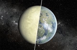 Despite being similar sizes, Earth (right half) and Venus (left half) have different surface conditions, a fact that has implications in the search for an Earth-like exoplanet.