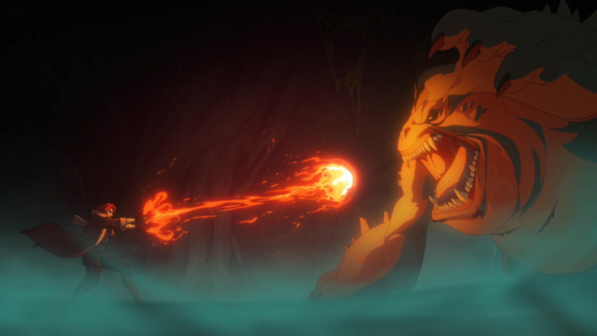 Caleb throwing a fireball at a giant frog monster in The Mighty Nein episode 4