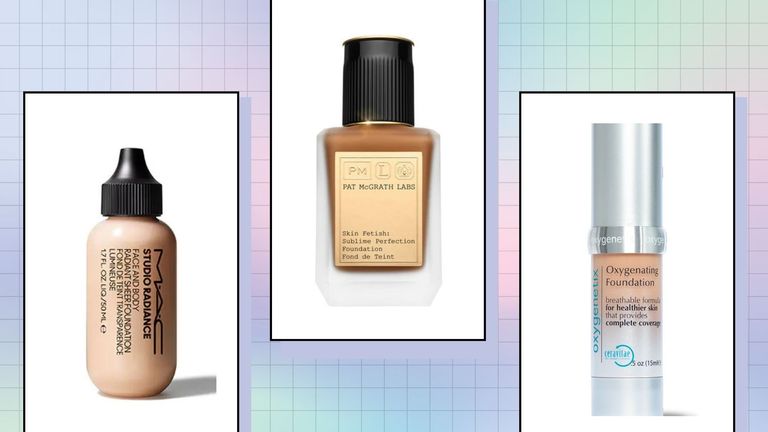 three of My Imperfect Life's best foundation picks from MAC, Pat McGrath and Oxygenetix on a colorful background with powder drop shadows around each product shot