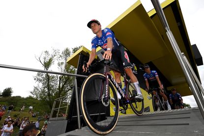 Jasper Philipsen cycles down a ramp at the Tour de France