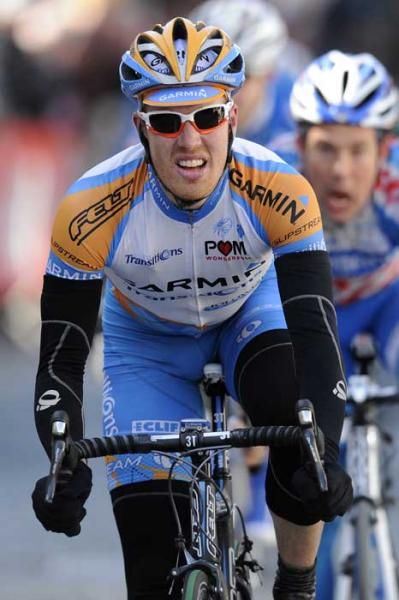 Tyler Farrar (Garmin-Transitions) sits up after crossing the line in De Panne