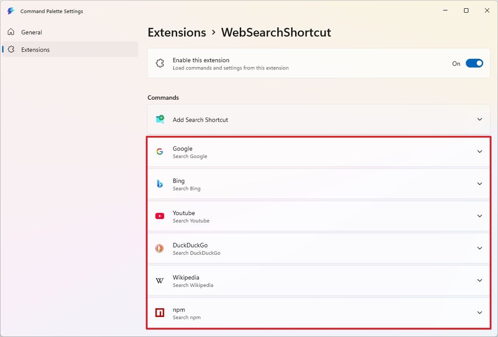 Command Palette WebSearchShortcut
