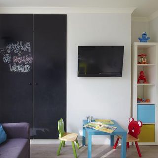 playroom with cupboard with chalkboard doors