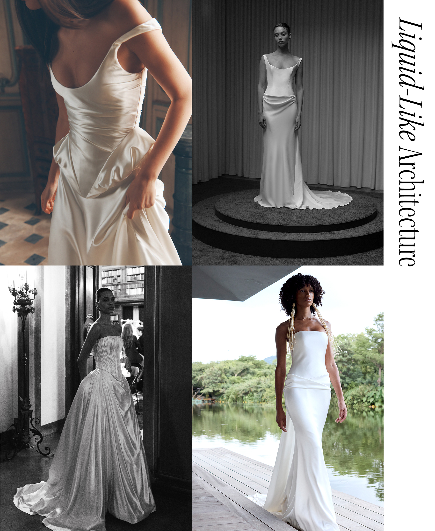 A collage of liquid-like wedding gowns.