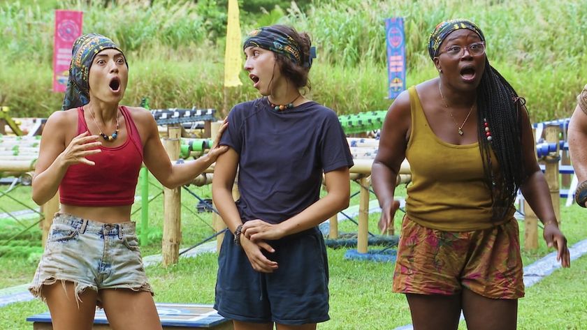 Savannah Louie, Sophi Balerdi, and Kristina Mills looking surprised in Survivor Season 49x12