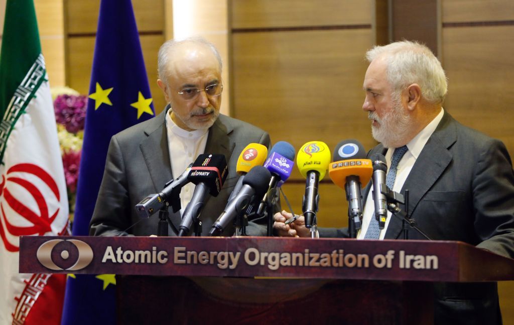 Iran&amp;#039;s vice president and head of the Iranian Atomic Energy Organisation, Ali Akbar Salehi (L) and Arias Canete, European Union Energy Commissioner