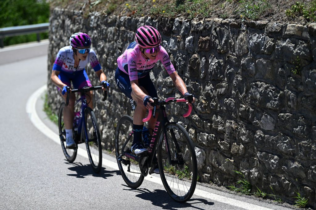 ALDENO ITALY JULY 08 Annemiek Van Vleuten of Netherlands and Movistar Team pink leader jersey and Kristen Faulkner of United States and Team BikeExchange Jayco compete in the breakaway during the 33rd Giro dItalia Donne 2022 Stage 8 a 1047km stage from Rovereto to Aldeno GiroDonne UCIWWT on July 08 2022 in Aldeno Italy Photo by Dario BelingheriGetty Images