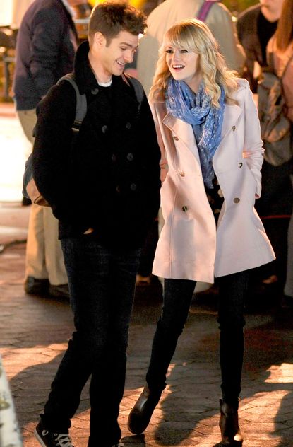 Emma Stone and Andrew Garfield on the set of Spider-Man