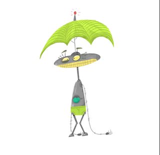 An umbrella hat sounds like a must-have for a robot on a rainy day