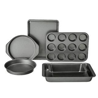 A set of six gray baking trays
