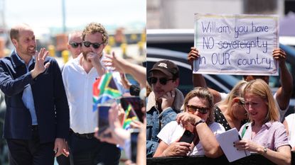 Prince William waving to fans and a man holding up a protest sign