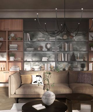 Modern living room with bookshelf and brown couch