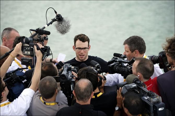 Mark Cavendish (Omega Pharma Quick Step) fields questions