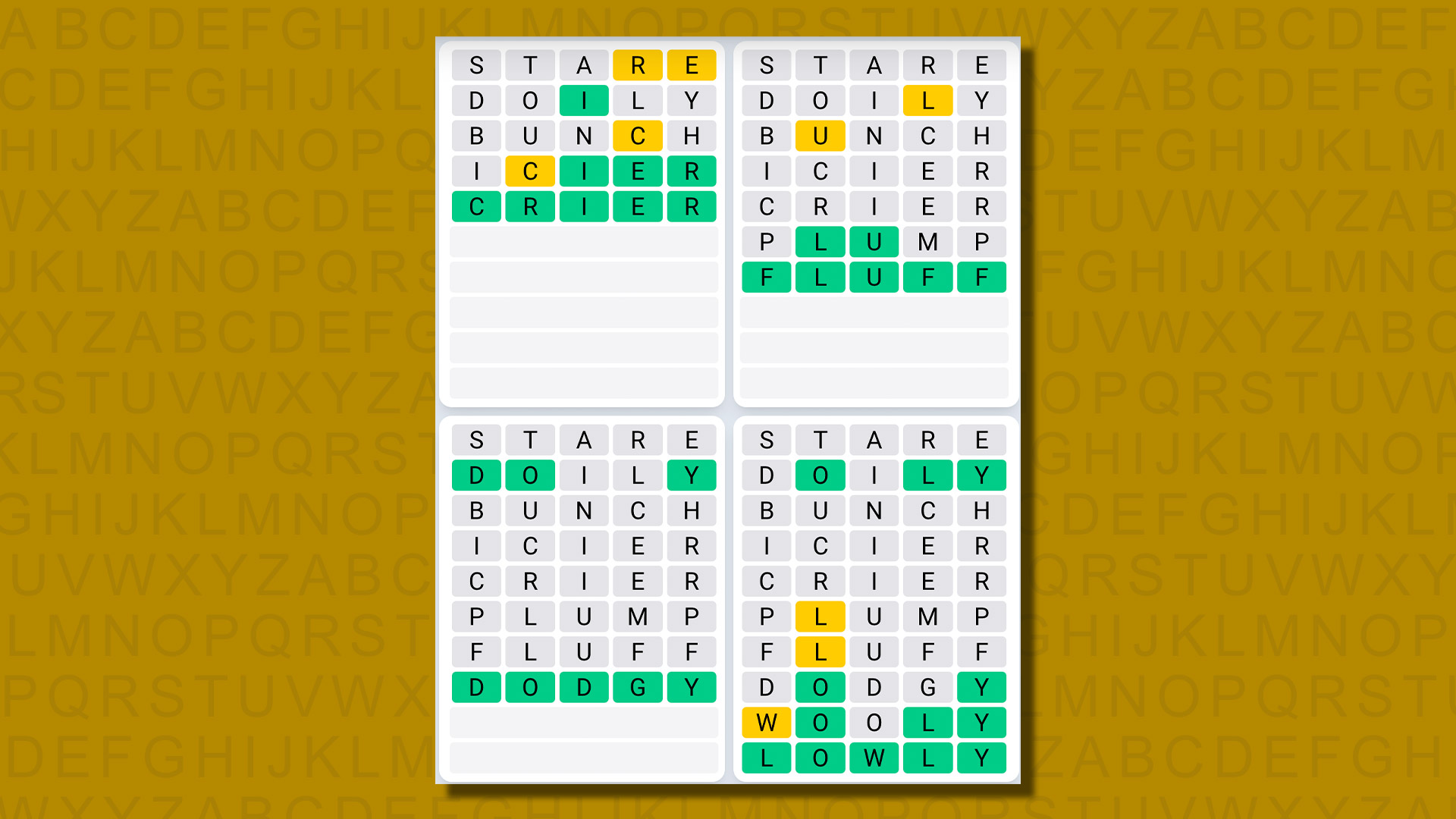 Quordle daily sequence answers for game 647 on a yellow background