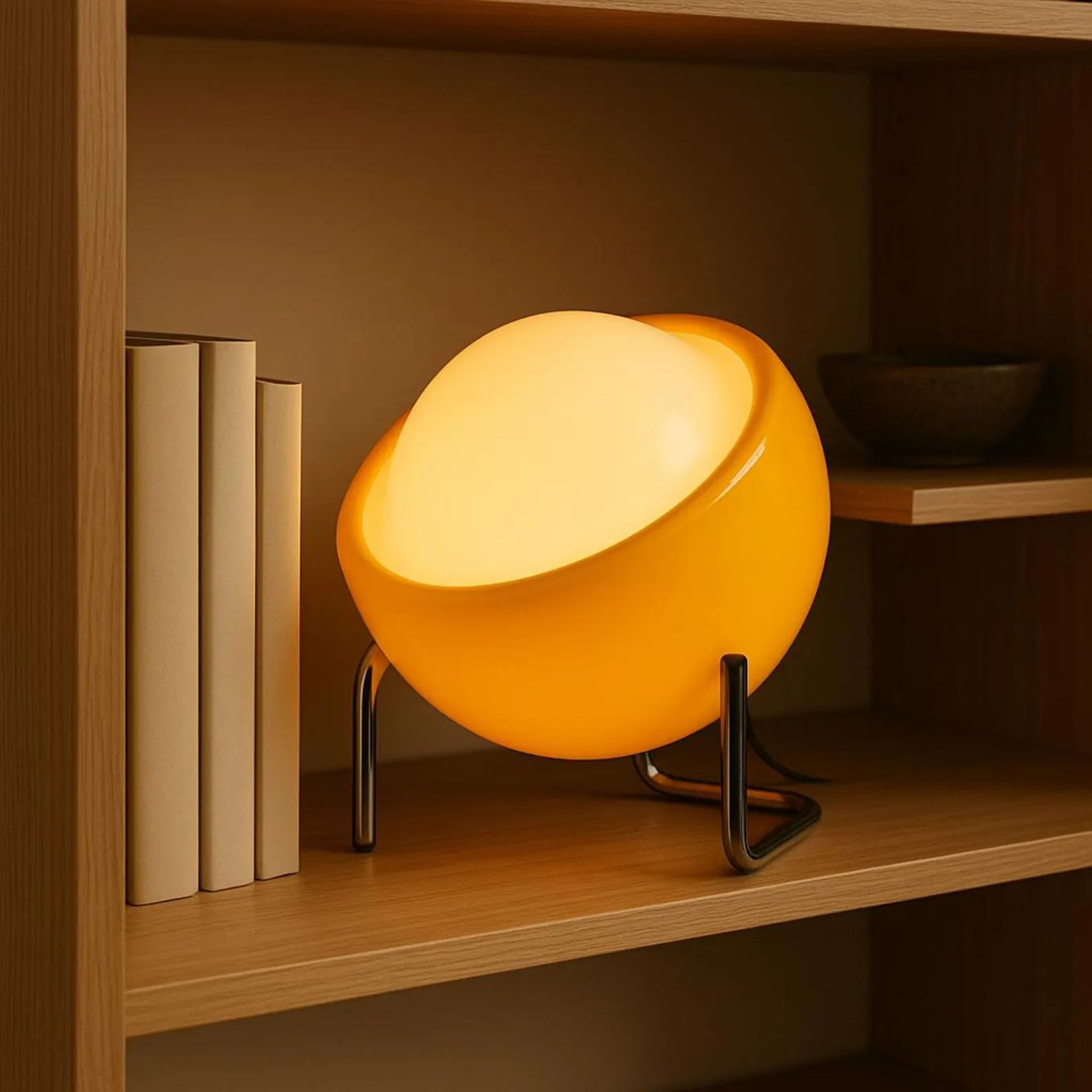 A round, orange-tinted Space Age lamp sits on a wooden shelf.