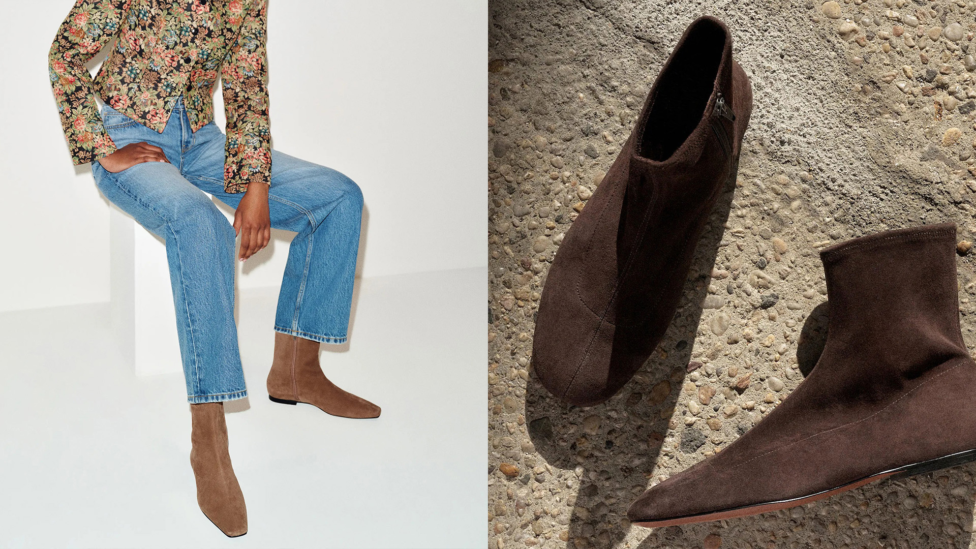 collage of soft-leather flat ankle boots from Reformation and Madewell