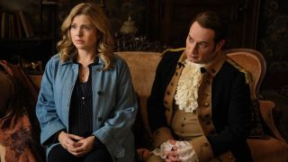 Pictured (L-R): Rose McIver as Samantha and Brandon Scott Jones as Isaac both looking concerned.