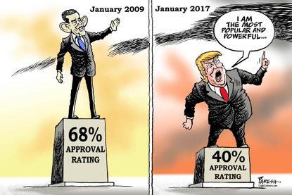 Political Cartoon U.S. President Trump Obama approval rating