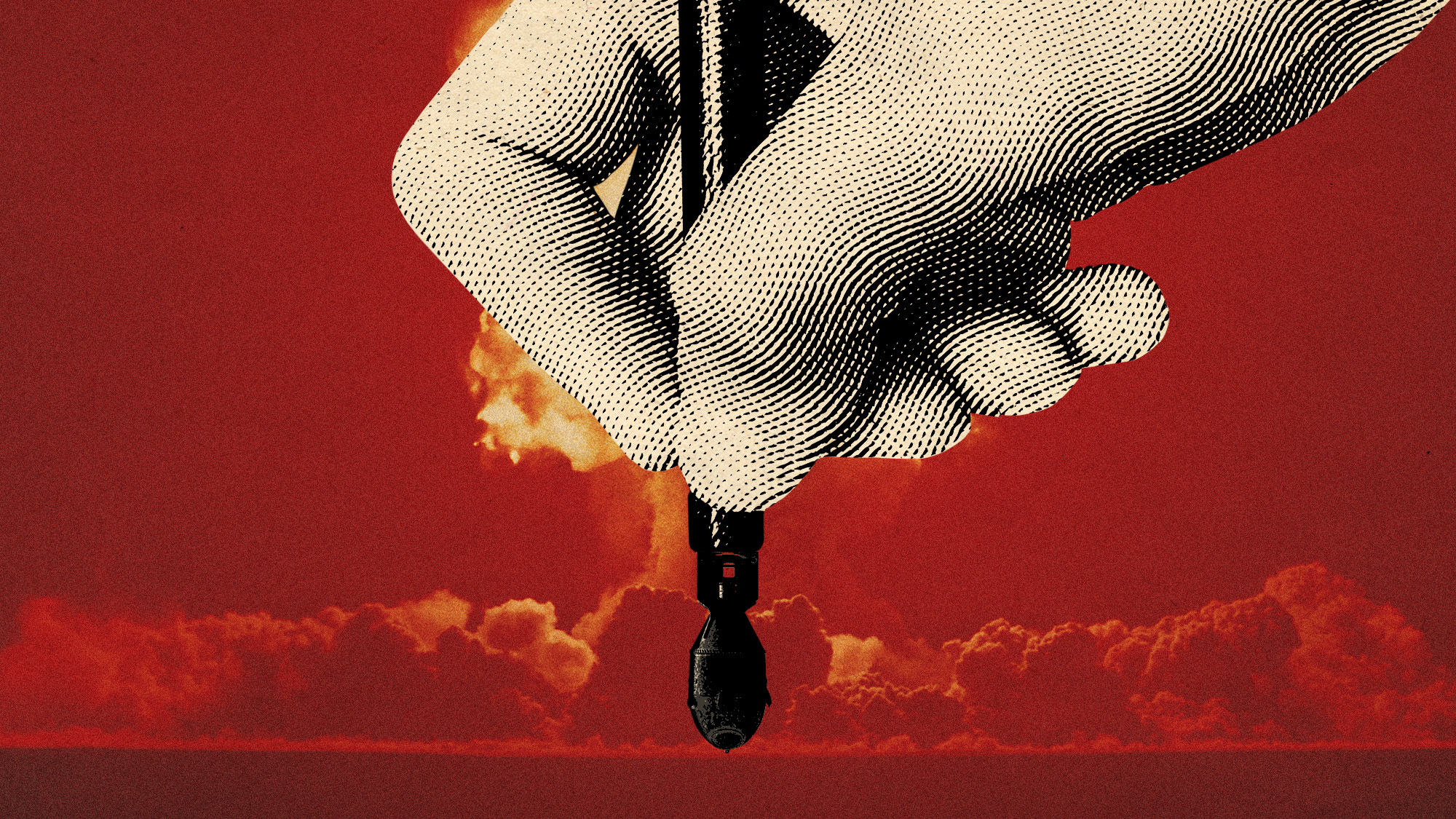 Photo collage of a hand holding a pen. The nib has been replaced with a bomb.