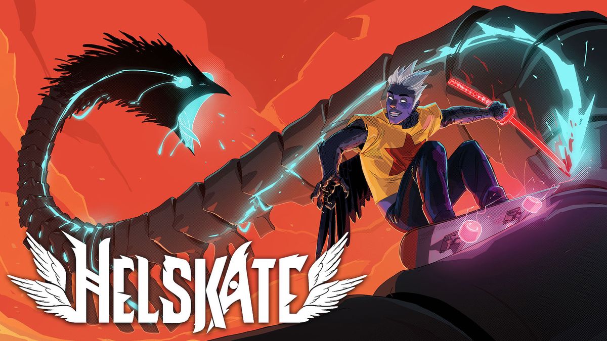 Helskate&#039;s key art, showing a man skateboarding across a serpent-like monster