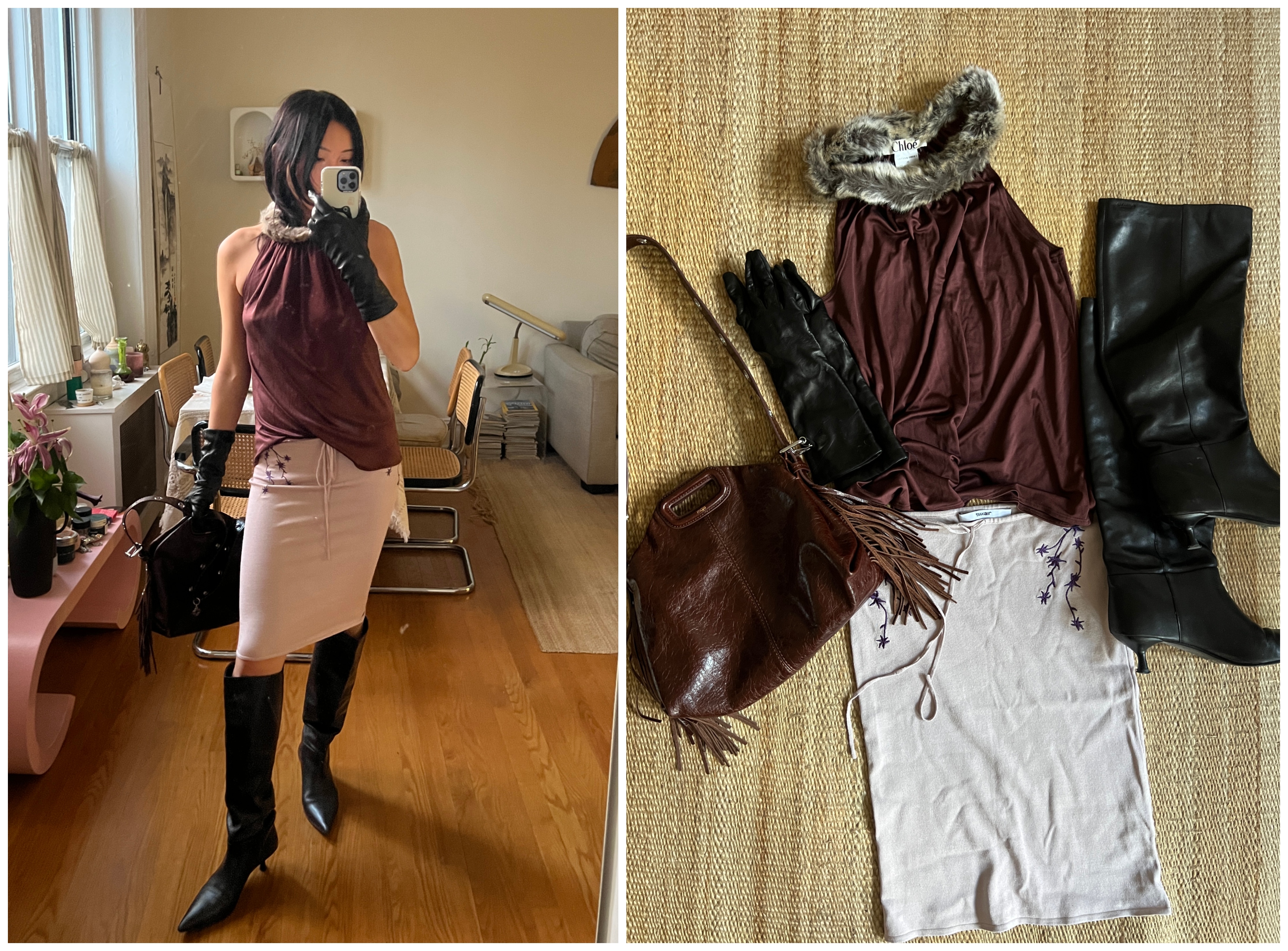 A collage of Vivian Li wearing a red top, pink midi skirt, and black leather boots