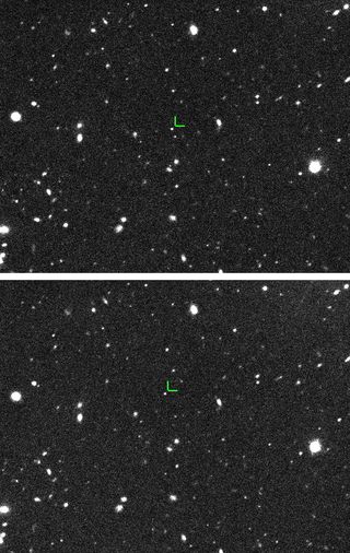 The discovery images of 2015 TG387 taken at the Subaru 8-meter telescope located atop Mauna Kea in Hawaii on October 13, 2015. The images were taken about 3 hours apart. 2015 TG387 can be seen moving between images near the center while the much more distant stars and galaxies are stationary.