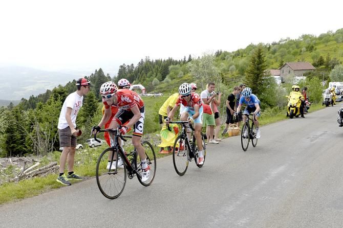 Jurgen Van Den Broeck Lotto-Belisol leads Vincenzo Nibili (Astana) and Andrew Talansky (Garmin-Sharp) on the Col du Beal