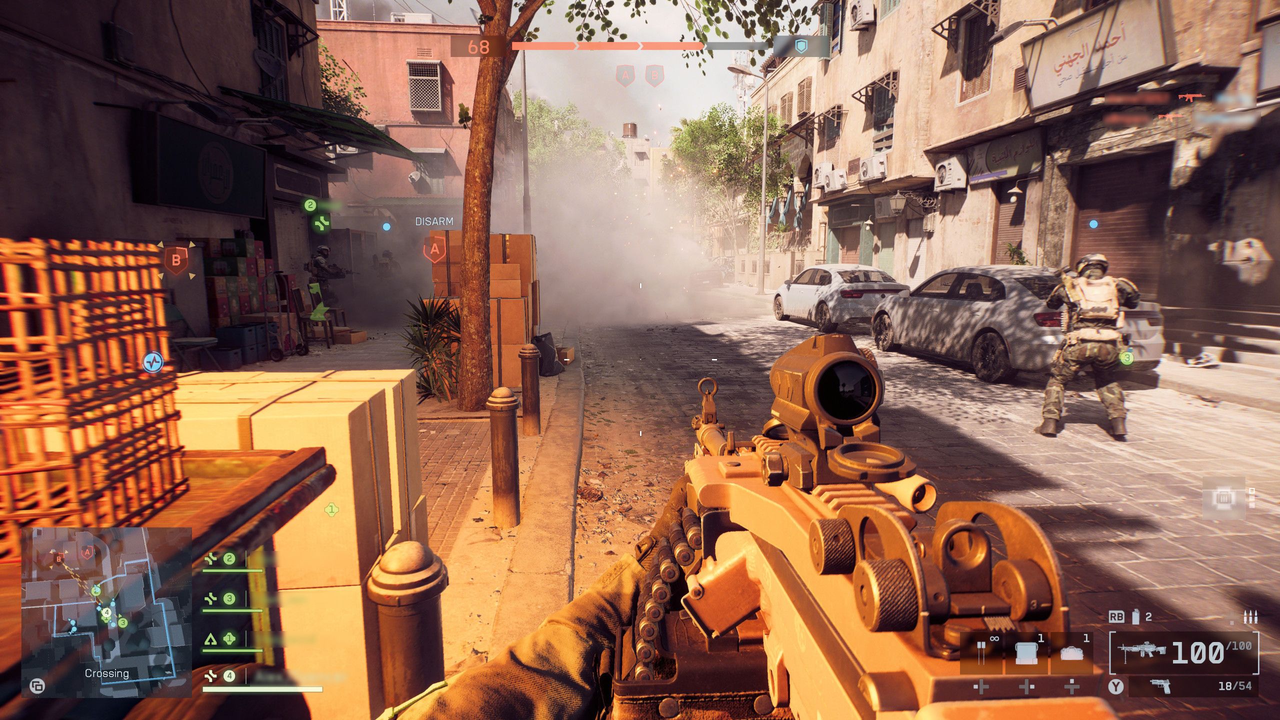 A player runs down a street that&#039;s ablaze in Battlefield 6, from the Edge 415 cover feature, towards further explosions