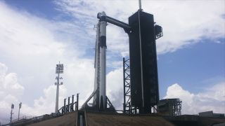 The SpaceX Falcon 9 rocket and Crew Dragon stand at Launch Complex 39A on May 27, 2020, during the first launch attempt for NASA’s SpaceX Demo-2 mission. 