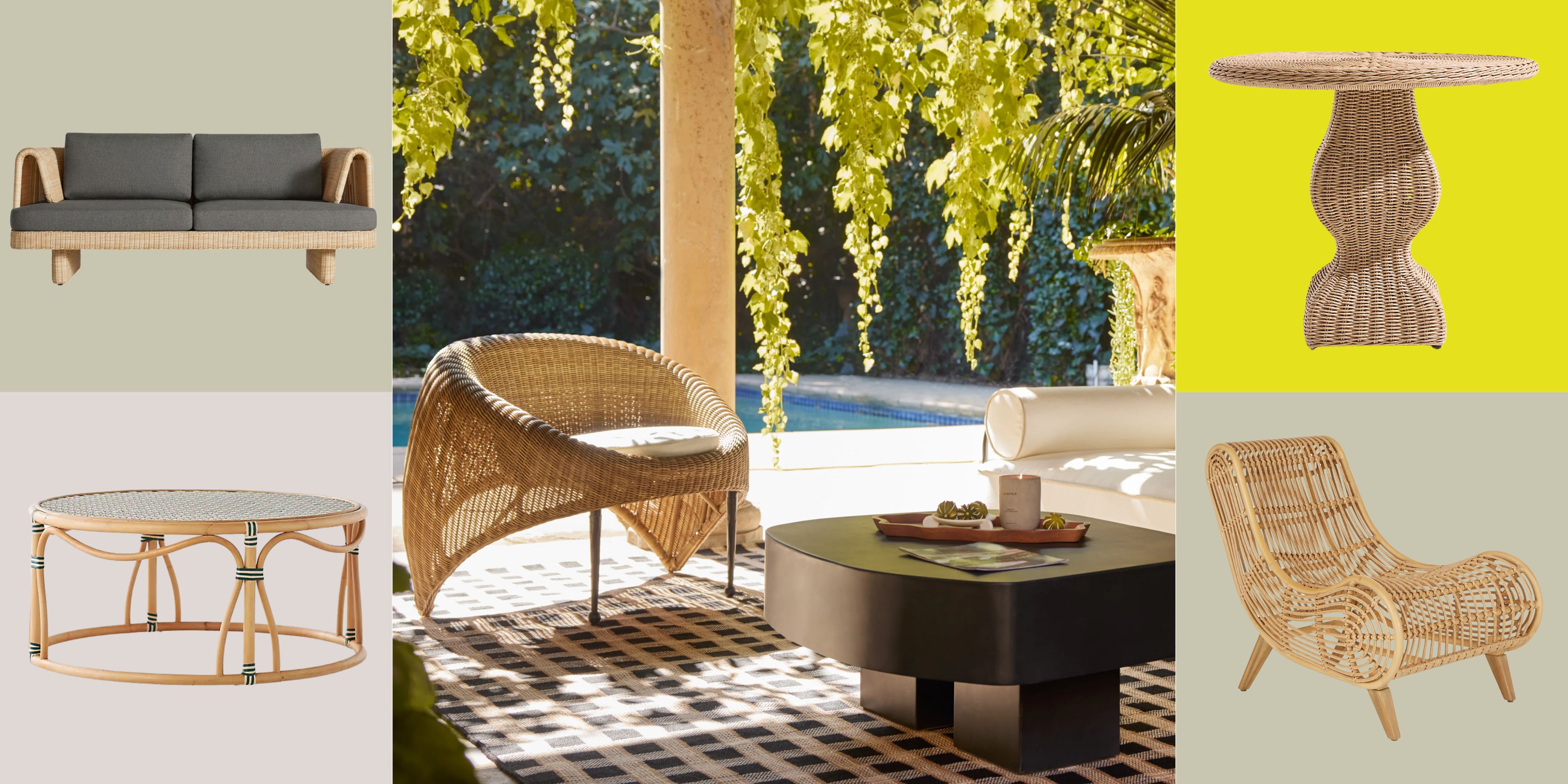 Rattan outdoor furniture pictured aginst a colorful checkered background