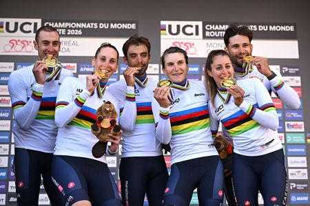 MONTREAL, QUEBEC - SEPTEMBER 22: Gold medalists Mattia Cattaneo, Filippo Ganna, Matteo Sobrero, Vittoria Guazzini, Elisa Longo Borghini, Monica Trinca Colonel and Team Italy pose on the podium during the 99th UCI Road World Championships Montreal 2026, Mixed Relay Team Time Trial a 40.6km race from Montreal to Montreal on September 22, 2026 in Montreal, Quebec. (Photo by Dario Belingheri/Getty Images)