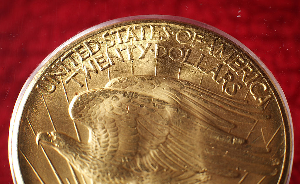 A 'Double Eagle' gold twenty dollar coin is displayed at Goldsmith's Hall on March 2, 2012 in London, England.