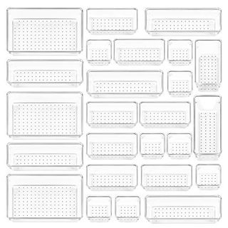 A set of rectangular plastic clear drawer organizers