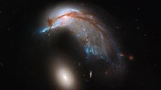 The birdlike galaxy NGC 2936 is being ripped apart by the smaller galaxy NGC 2937.