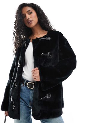 Yas Faux Fur Jacket With Buckle Fastening in Black - Black