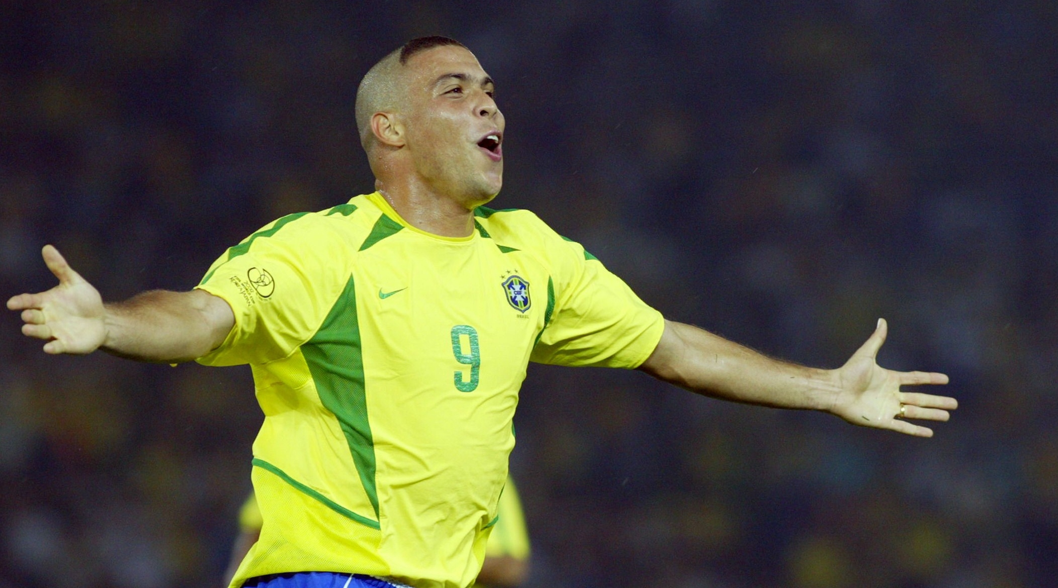 Brazil's forward Ronaldo celebrates after scoring the second goal against Germany during match 64 of the 2002 FIFA World Cup Korea Japan final 30 June, 2002 in Yokohama, Japan. Brazil won the championship 2-0, having now won a record five World Cup titles.AFP PHOTO GABRIEL BOUYS (Photo credit should read GABRIEL BOUYS/AFP via Getty Images)
