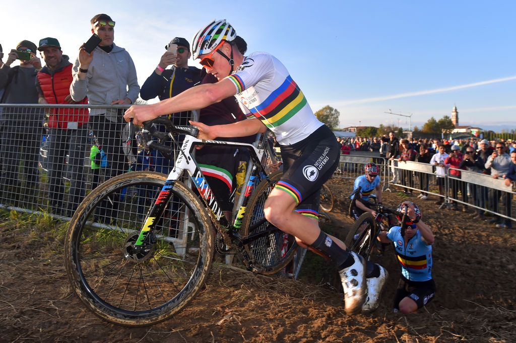 Mathieu van der Poel leads the way up an incline in Silvelle