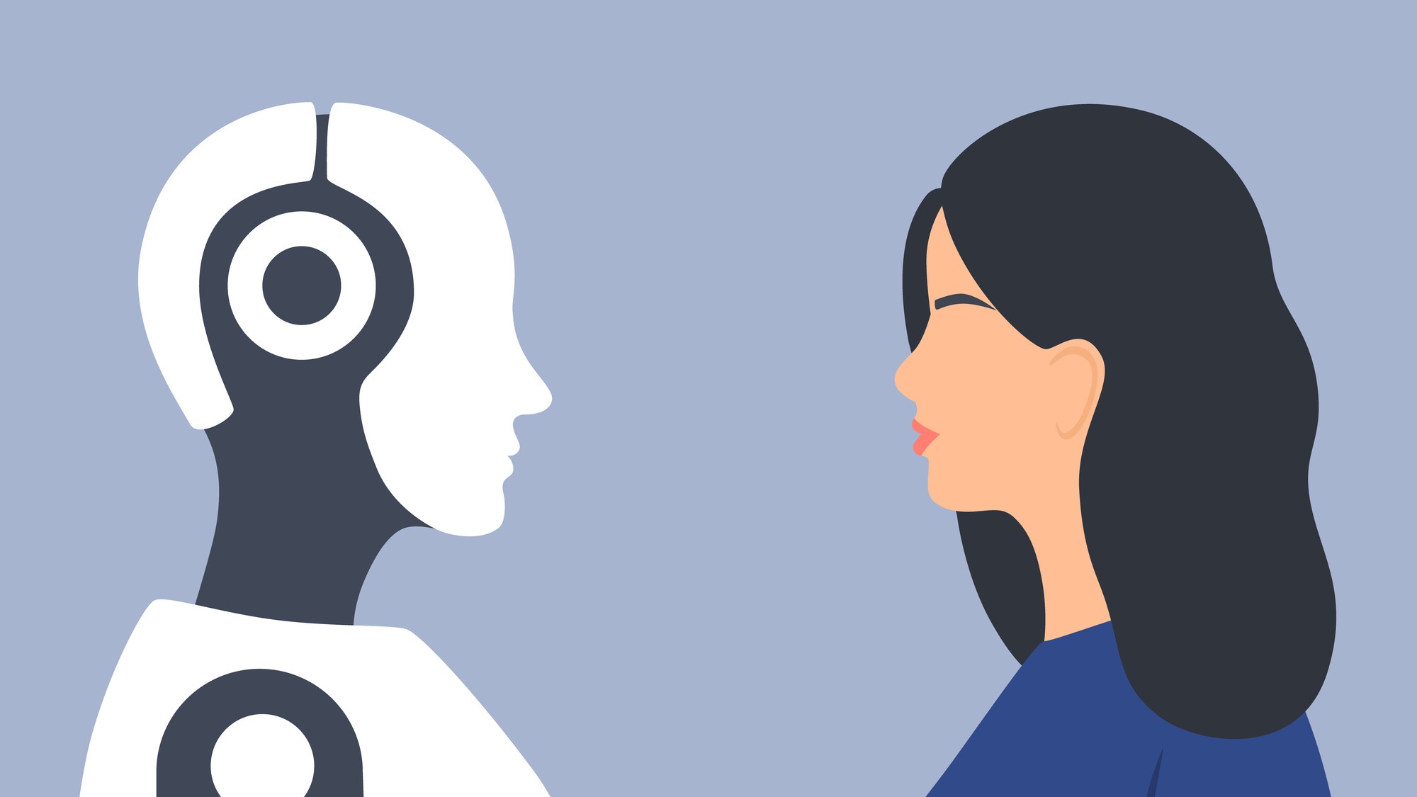 Woman and robot facing each other