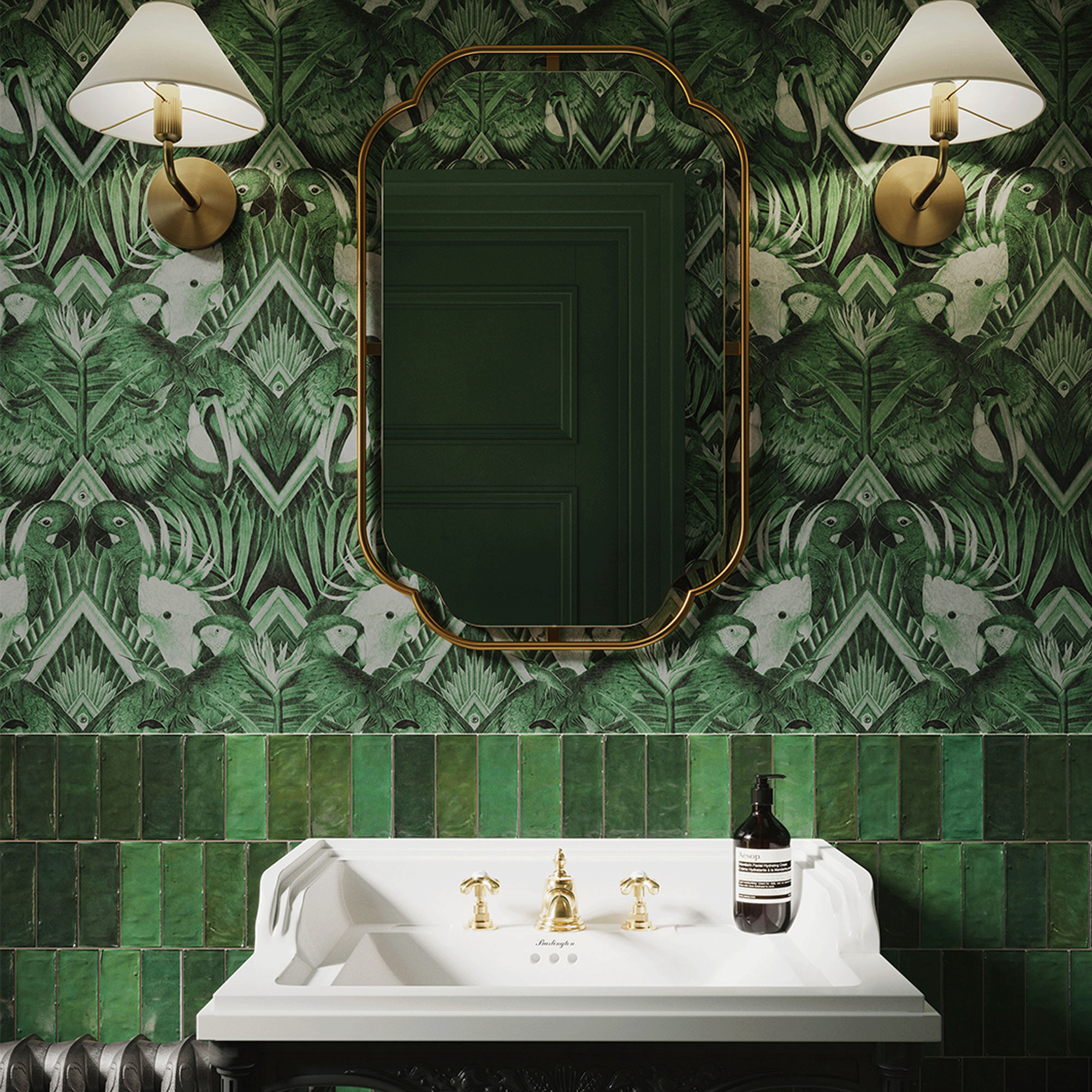 Green wallpaper in a bathroom