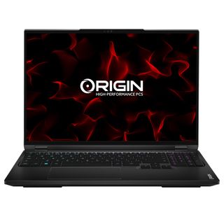 Front view of an open black laptop with glowing, red wavy lines on the screen and the words "Origin high performance pcs".