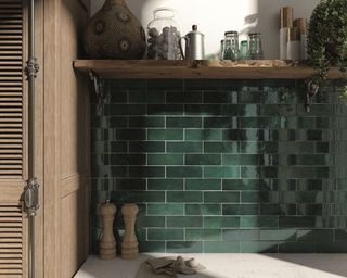emerald green gloss tiles as a backsplash in a wood kitchen - porcelain superstore Marais-Green-Lifestyle
