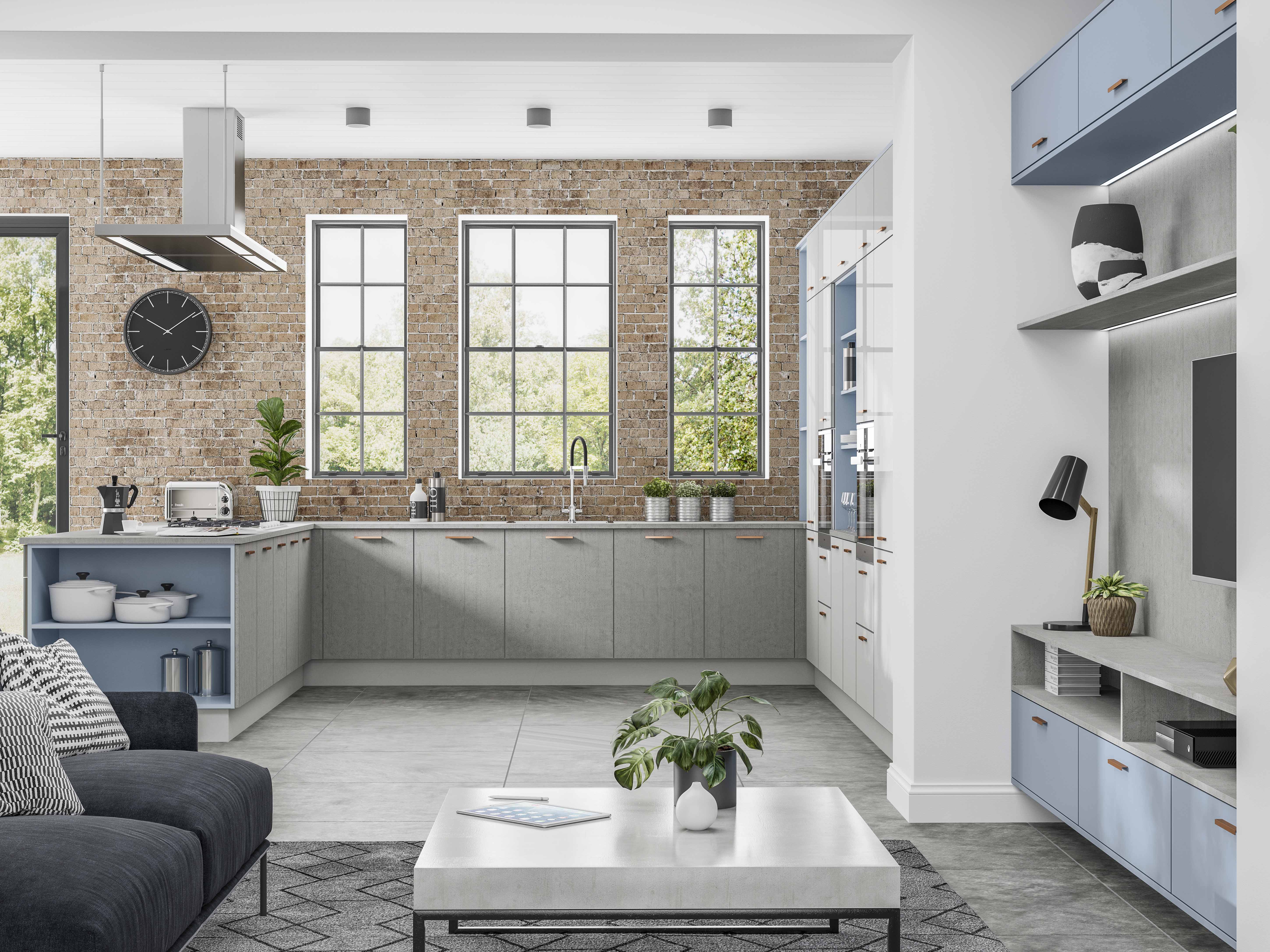 grey and brick kitchen and living room space