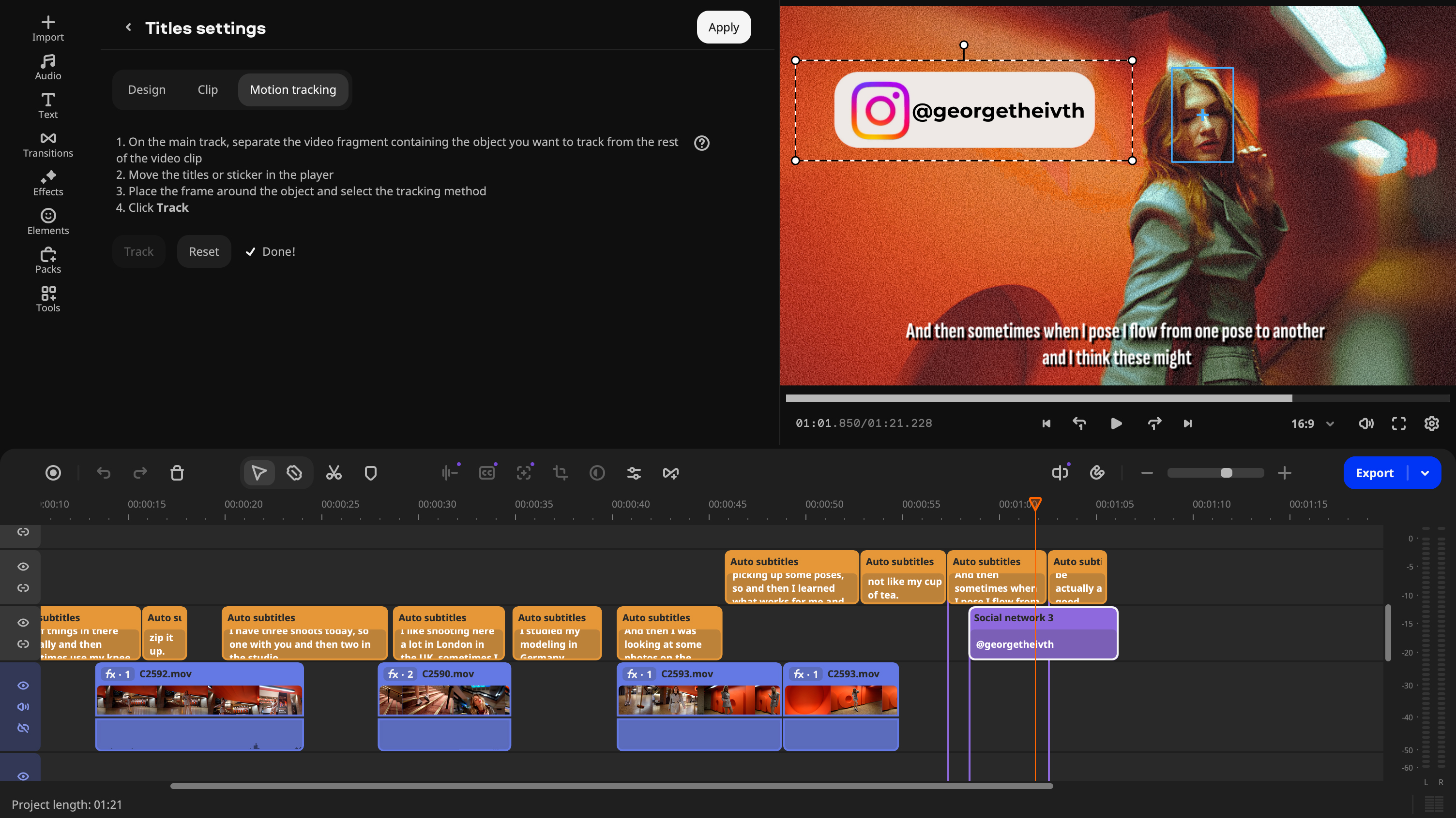 Screenshot showing an Instagram banner that has been told to track the model&amp;rsquo;s targeted face. The Title settings menu&amp;rsquo;s Motion Tracking window is also displayed.