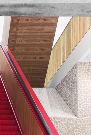 Red escalator and wall designs